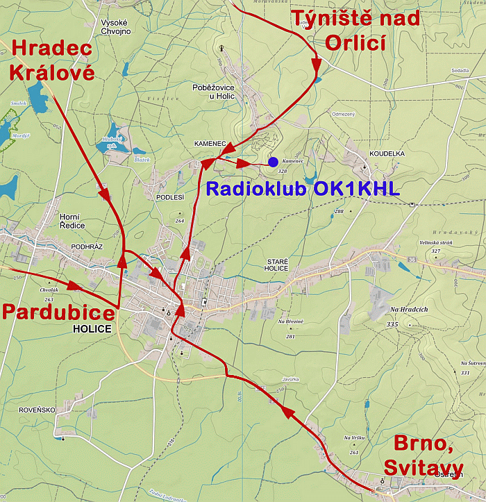 Mapa příjezdů do střediska OK1KHL na Kamencích
