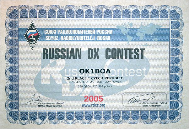 OK1BOA - diplom RUSSIAN DX CONTEST